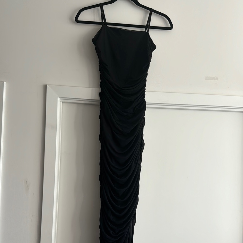 Privy Black Ruched Maxi Dress Spaghetti Strap Bodycon